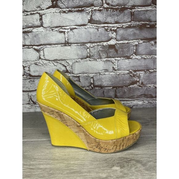 Bottero Yellow Patent Leather Peep Toe Platform Cork Wedge Sandals Women Sz 37EU - Picture 12 of 16